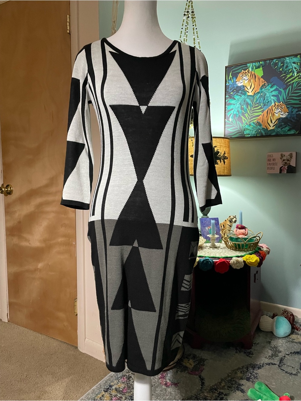 The Limited Black & White Geometric Knit Midi Dress